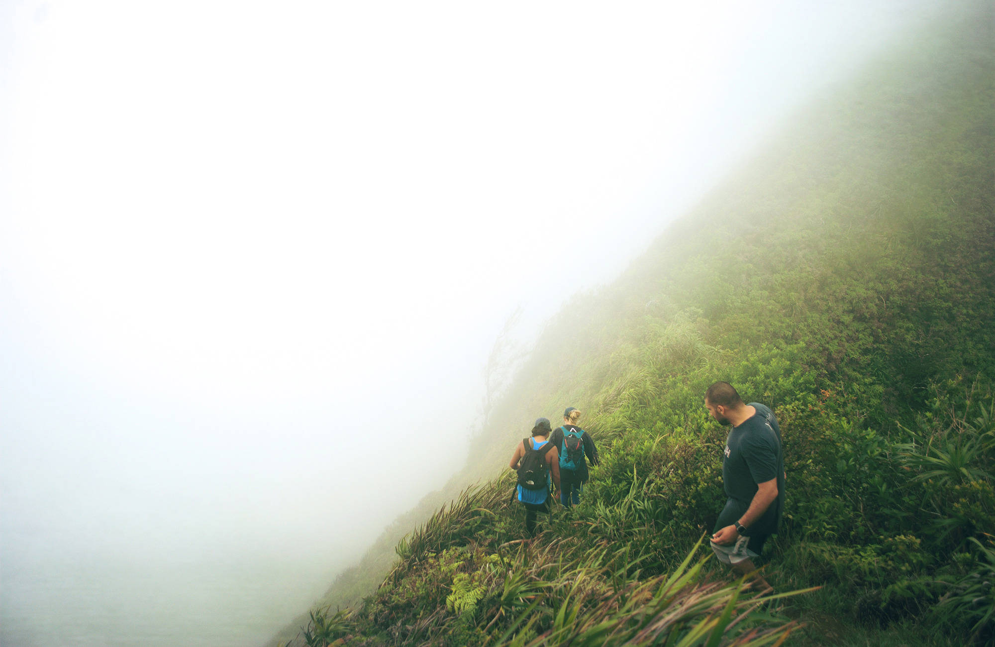tre personer vandrar i dimmiga berg på hawaii