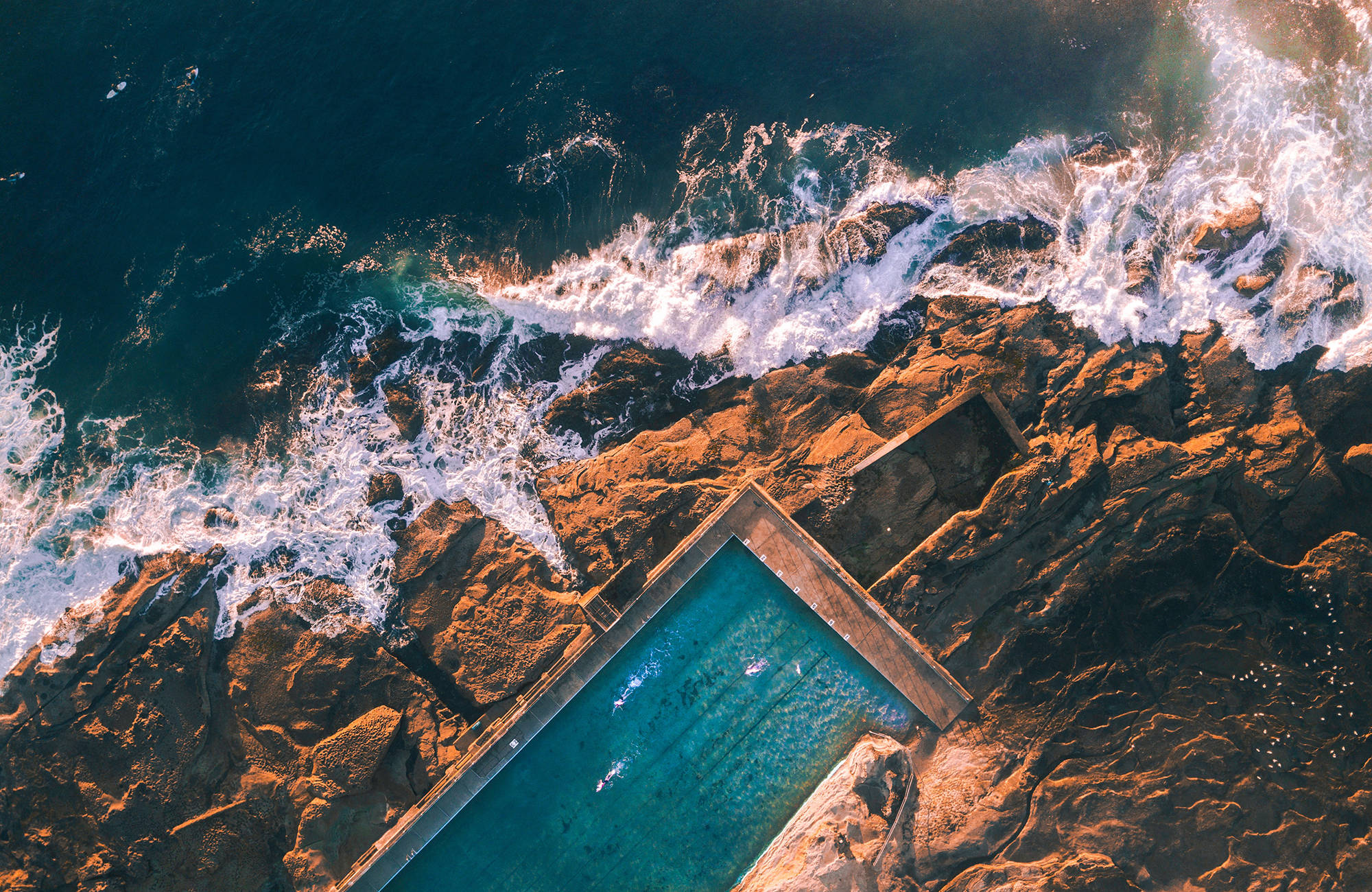 En fågelvy över havet och en pool vid en klippa i Sydney