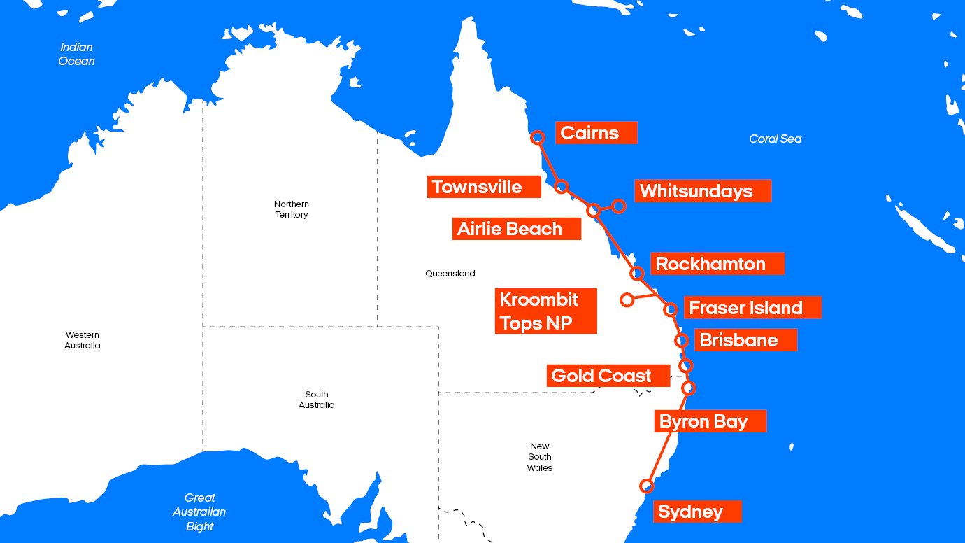 karta över roadtrip längs australiens östkust