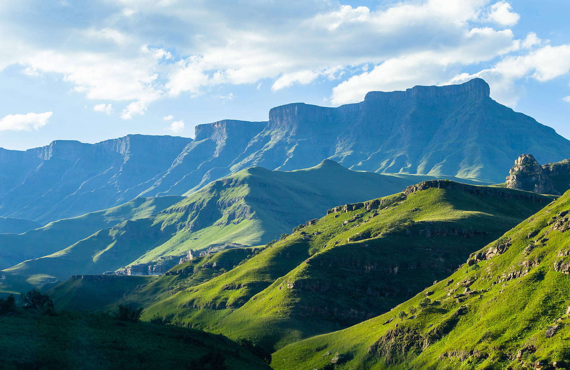 Höga berg och böljande gröna kullar under en temaresa genom Sydafrika.