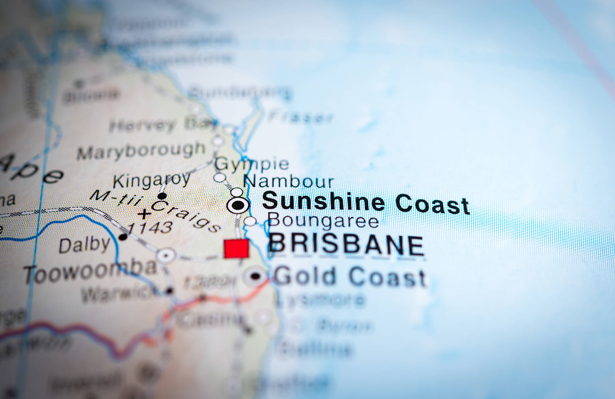 Studera på Sunshine Coast och bli granne med Boungaree och Nambour som visat på denna karta