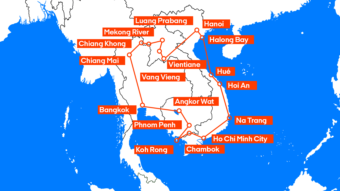 karta över en rundresa i indokina