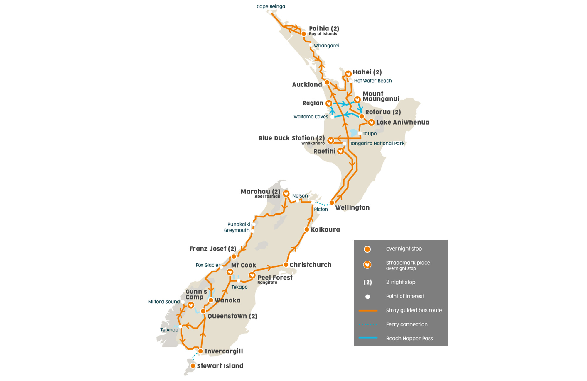 karta över resrutterna Stray opererar i Nya Zeeland