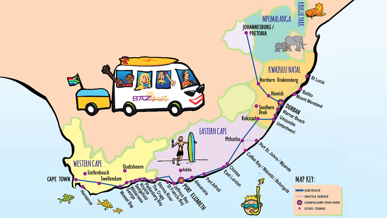 Här kan du resa med Baz Bus i Sydafrika