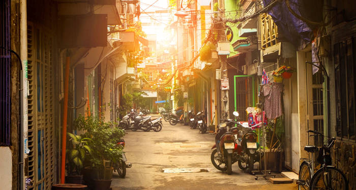 Krigshistoria och citypuls i Ho Chi Minh City, Vietnam