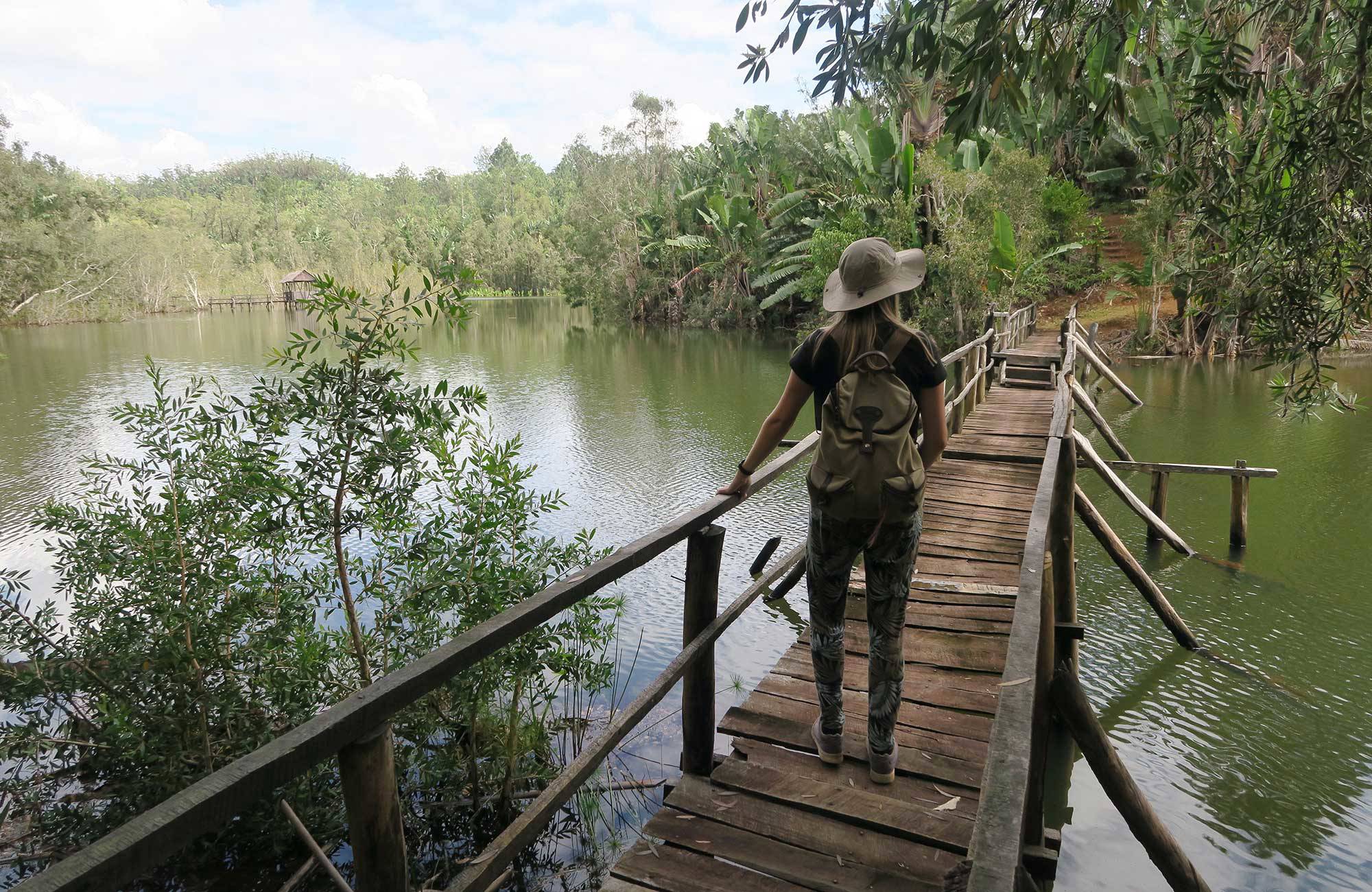 tjej vandrar på en bro i djungelns på madagaskar