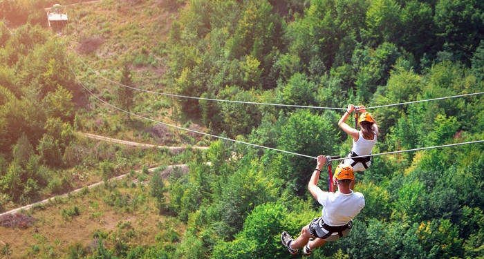 Häftig zipline i skogen i montenegro
