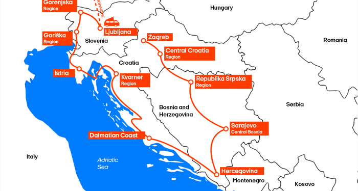 Karta över roadtrip i västra Balkan (Slovenien, Kroatien, Bosnien)