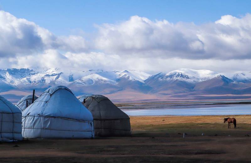 Yurts by a lake in Kyrgyzstan