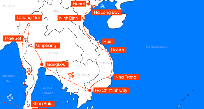 Karta over resrutten till Vietnam och Thailand