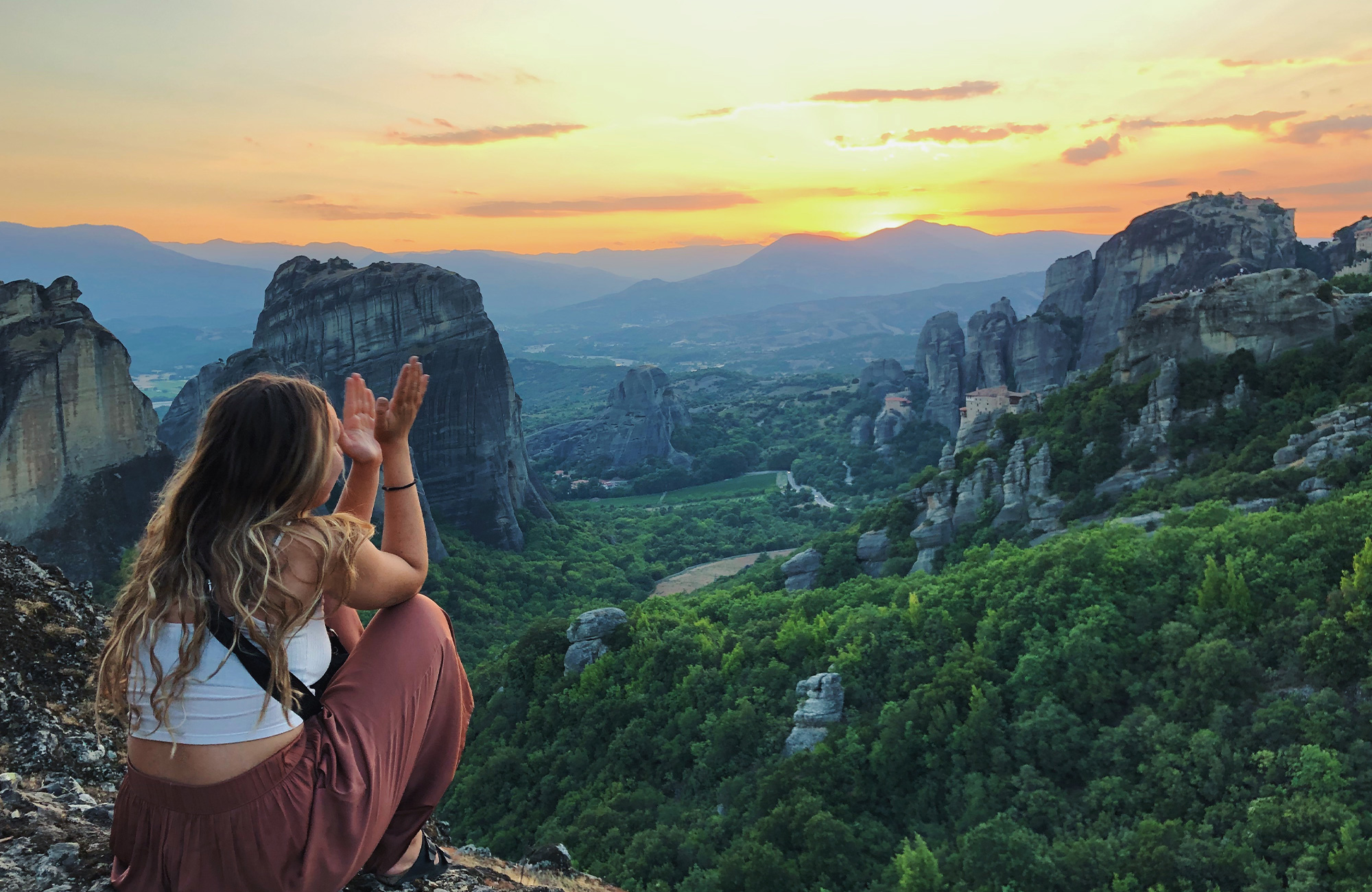 Greece Meteora Girl Watching Sunset