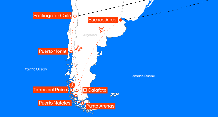 karta över reseförslaget: patagonia explorer