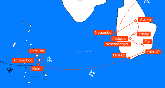 Karta över resrutten till Sri Lanka & Maldiverna