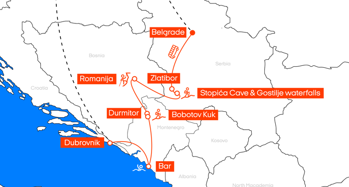 Map of itinerary in the Balkans 