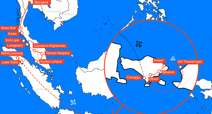 Kart over reiseruten til Thailand, Malaysia, Sumatra, Bali & Gili