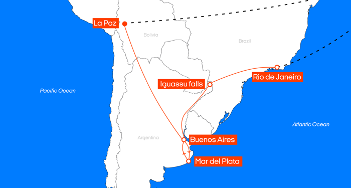 Karta över reseförslaget i Brasilien, Argentina & Bolivia 