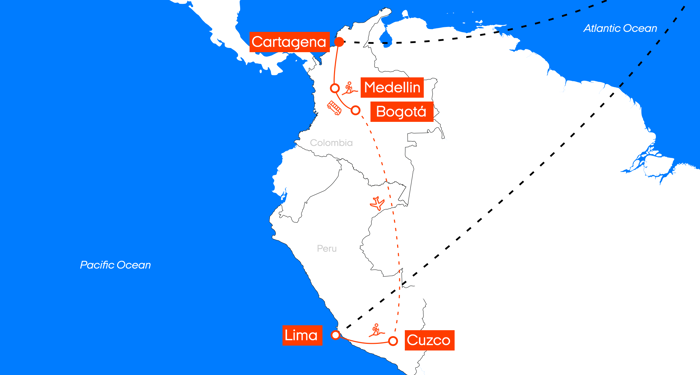 Karta över reseförslaget | Trekking Peru & Colombia