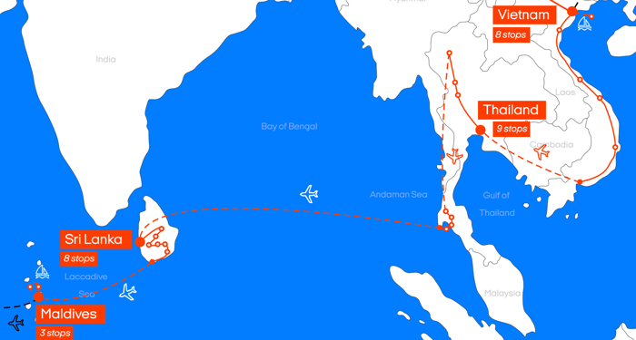 Karta över resrutten til Vietnam, Thailand, Sri Lanka & Maldiverna